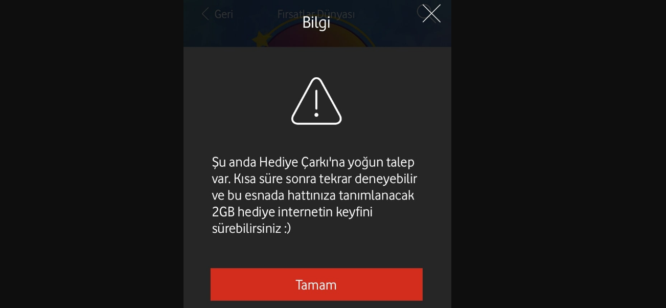 Vodafone Hediye Çarkı Yoğunluk Hatası