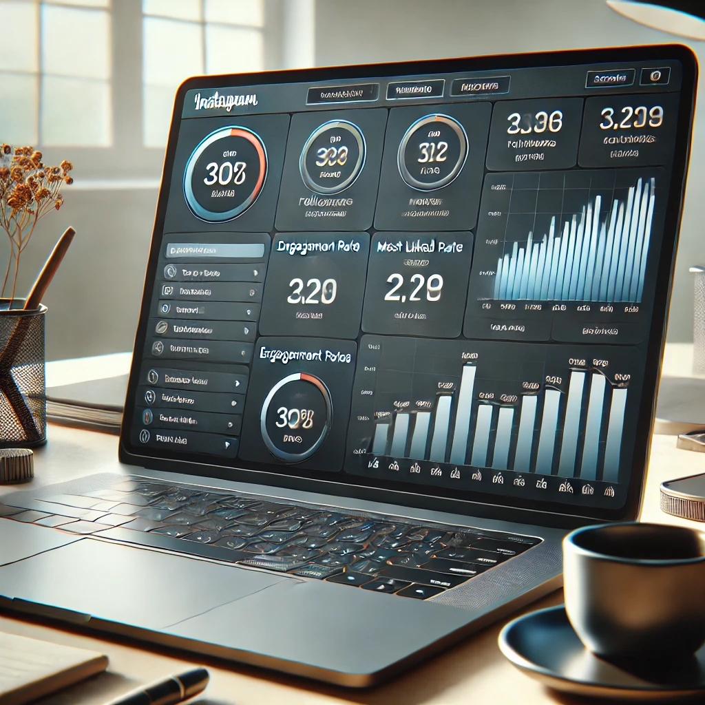 DALL&middot;E 2024 10 18 18.36.51 A detailed and realistic image of a laptop screen displaying an Instagram profile analysis tool. The screen shows analytics like followers count enga