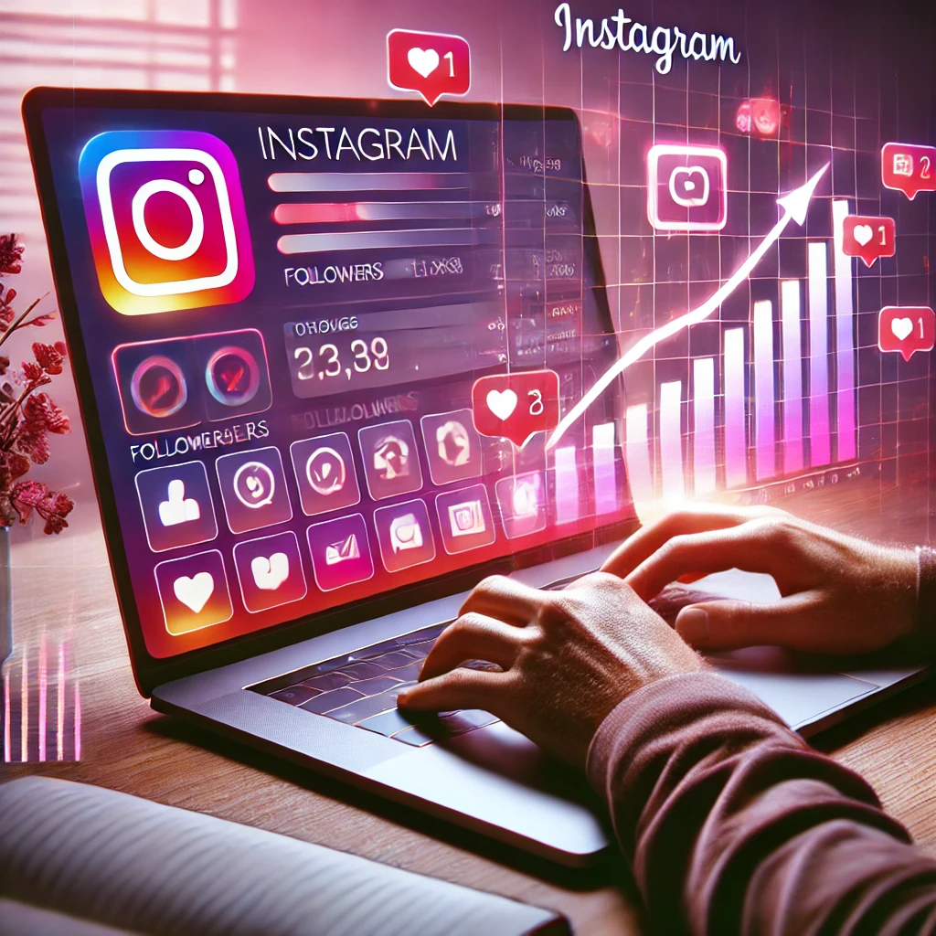 Instagram Takipçi Neden Önemlidir? (Fenomist Garantisi) 2 DALL·E 2024 10 21 20.11.50 A person working on a laptop with an Instagram profile displayed on the screen. The screen shows graphs and charts reflecting a sharp increase in foll kopyasi